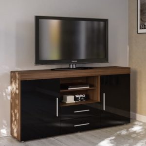 Edged Wooden TV Sideboard In Walnut And Black High Gloss