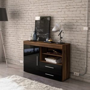 Edged Wooden Sideboard In Walnut And Black High Gloss