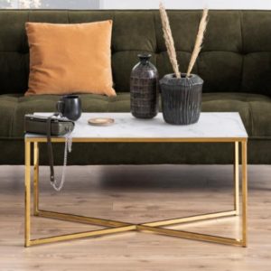Arcata White Marble Glass Coffee Table With Gold Frame