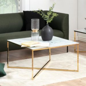 Arcata White Marble Glass Coffee Table Square With Gold Frame