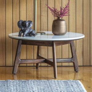 Barcela Wooden Coffee Table With White Marble Top In Walnut