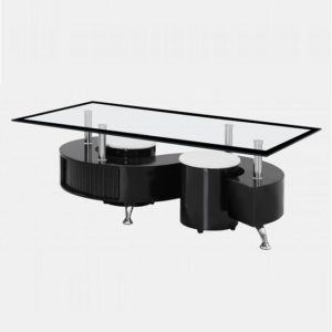 Beata Glass Coffee Table With 2 Stools In Black High Gloss Base