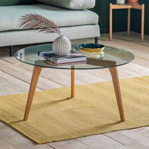 Brix Round Clear Glass Coffee Table With Natural Oak Base