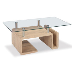 Eirian Clear Glass Coffee Table With Natural Wooden Base