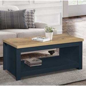 Highland Wooden Coffee Table With Lower Shelf In Blue And Oak