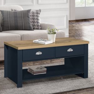 Highland Wooden Coffee Table With 2 Drawers In Blue And Oak