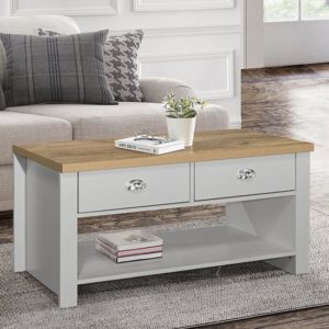 Highland Wooden Coffee Table With 2 Drawers In Grey And Oak