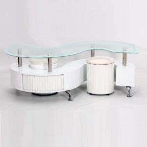 Kalida Glass Coffee Table With 2 Stool In White High Gloss Base