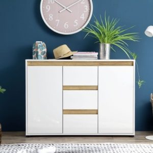 Leyton Sideboard In White With High Gloss Fronts And Oak