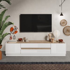 Flores High Gloss TV Stand 2 Doors 2 Drawers In White Light Oak