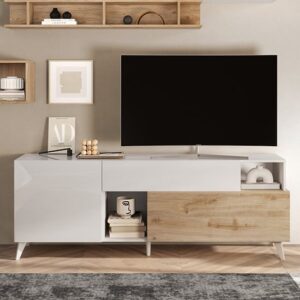 Milan High Gloss TV Stand Small With 2 Doors In White Cadiz Oak