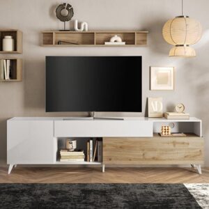 Milan Large High Gloss TV Stand In White And Cadiz Oak