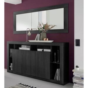 Raya Wooden Sideboard With 3 Doors And Mirror In Black Oak