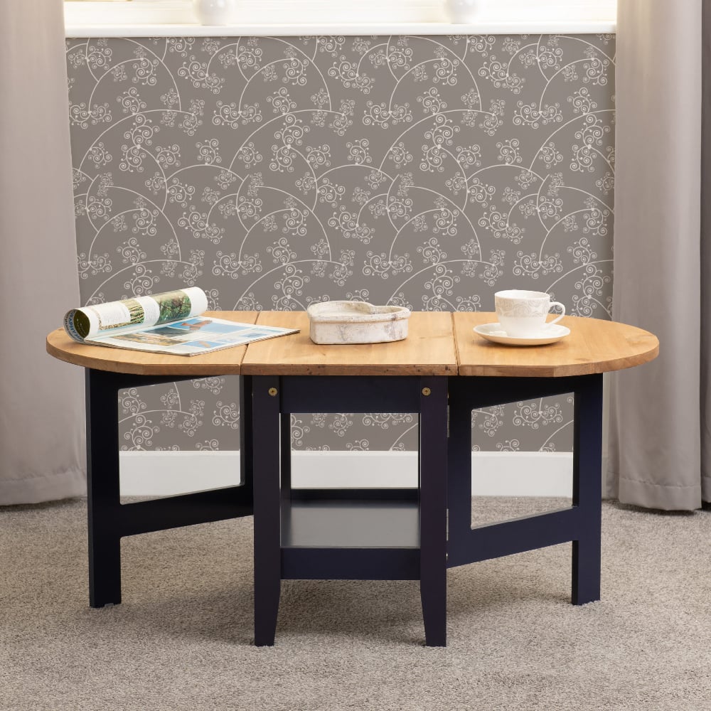 Suva Wooden Drop Leaf Coffee Table In Waxed Pine And Navy Blue