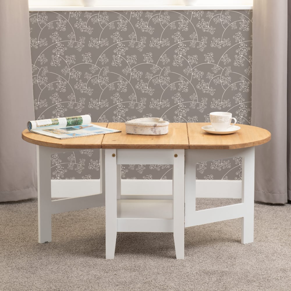 Suva Wooden Drop Leaf Coffee Table In Waxed Pine And White