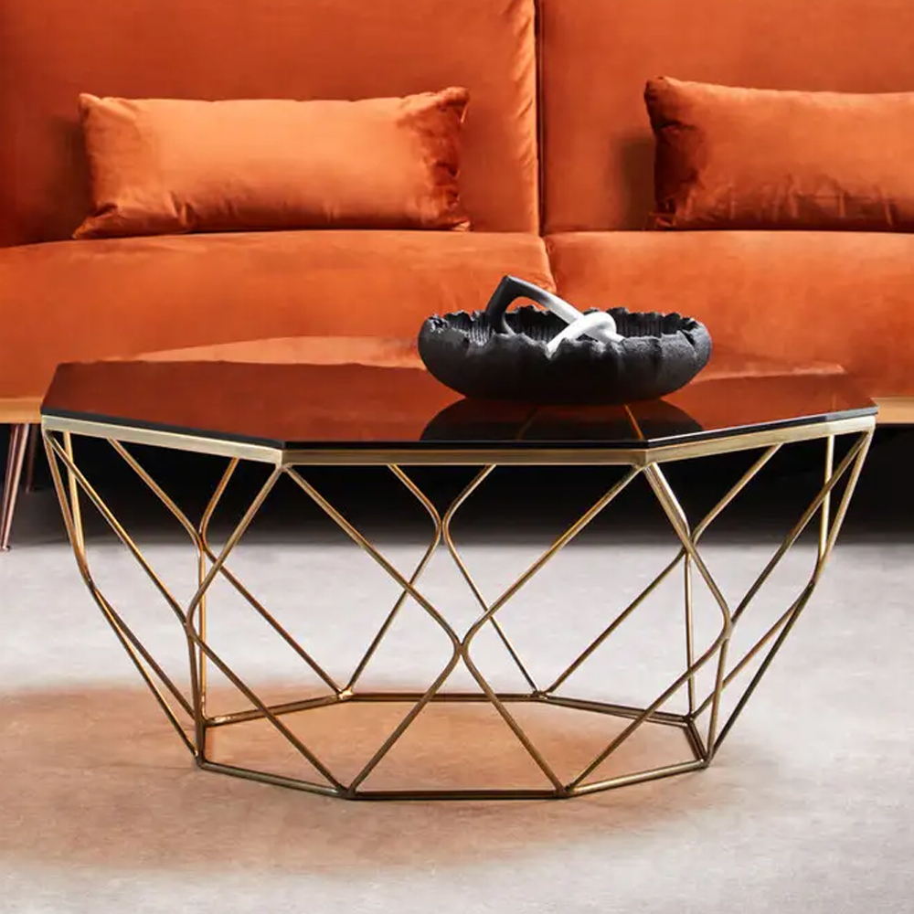 Allston Amber Glass Polygonal Coffee Table With Bronze Frame