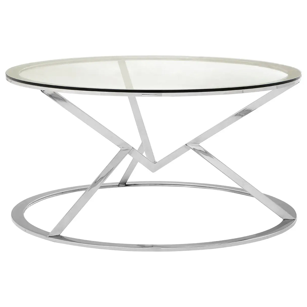 Allston Glass Round Coffee Table With Corseted Silver Frame
