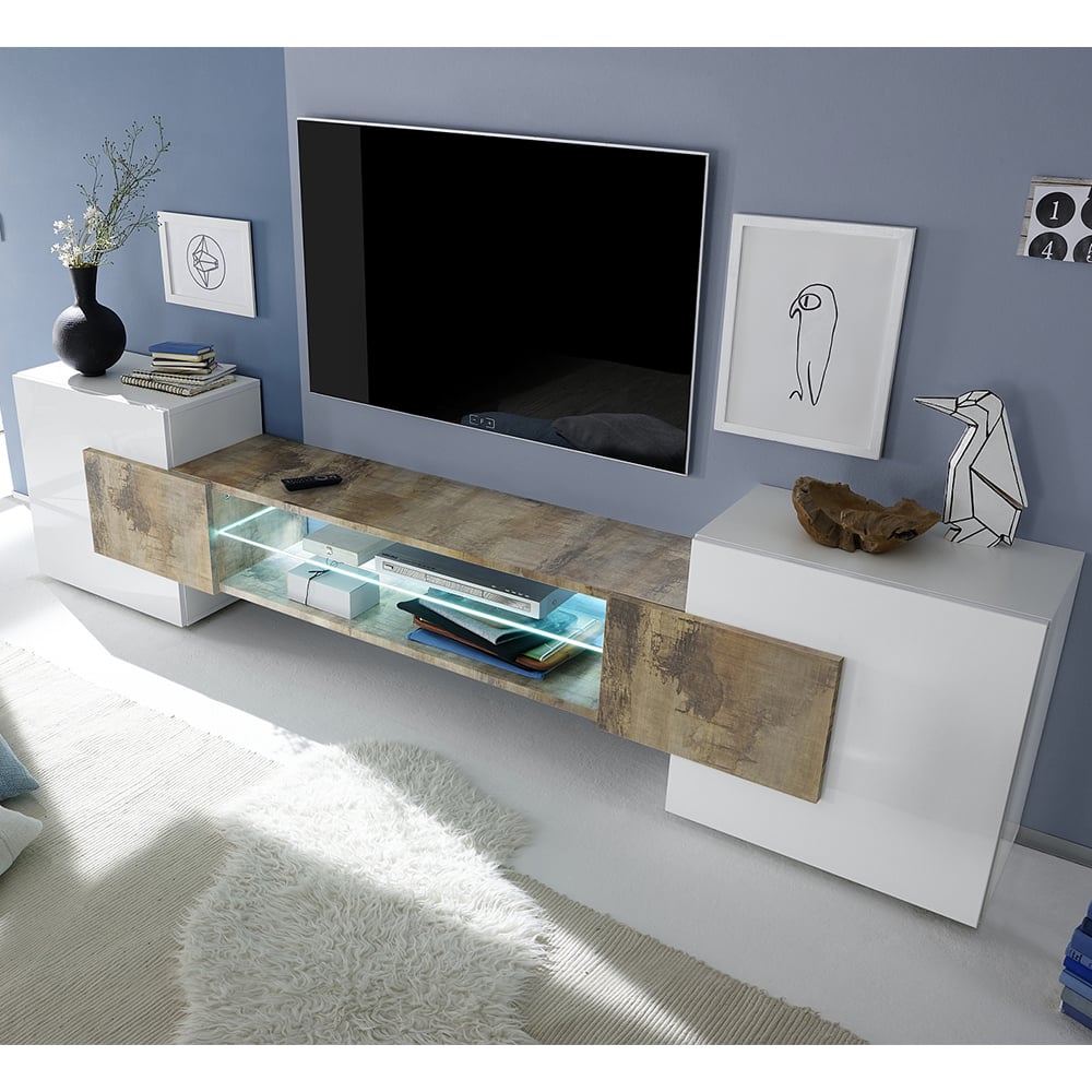 Nevaeh White High Gloss TV Stand 2 Doors In Pero With LED