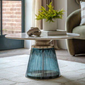 Salinas White Marble Top Coffee Table With Blue Glass Base
