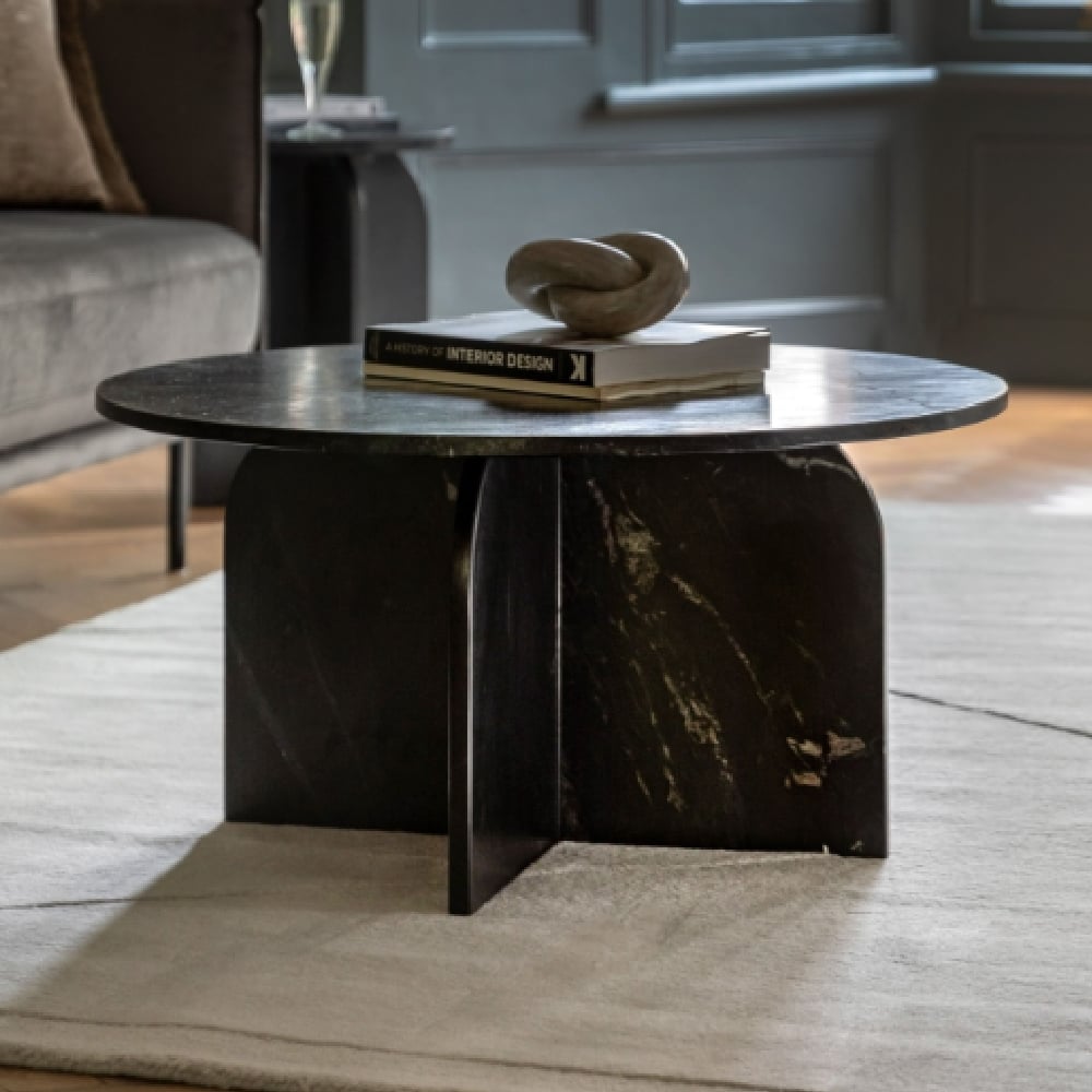 Akron Marble Round Coffee Table In Black