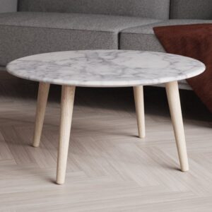 Bellvue White Marble Top Coffee Table With Natural Wooden Legs