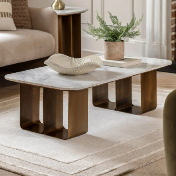Duluth White Marble Top Coffee Table With Gold Base
