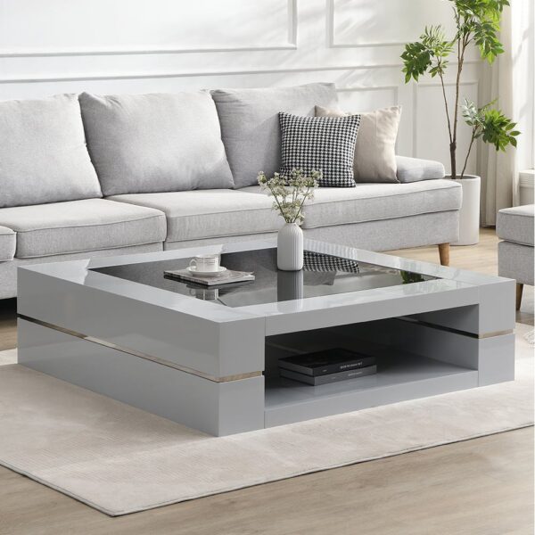 Cyndy High Gloss Coffee Table In Grey With Black Glass Top