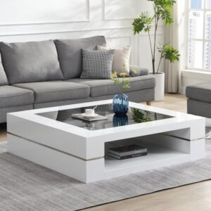 Cyndy High Gloss Coffee Table In White With Black Glass Top