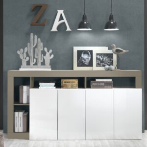 Hanmer White High Gloss Sideboard With 4 Doors In Pewter