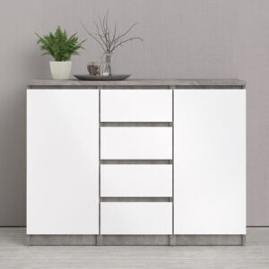 Nakou High Gloss Sideboard With 2 Doors 4 Drawers In Concrete And White